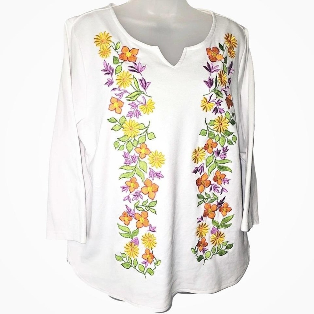 Bob Mackie Wearable Art Embroidered Floral Womans White Tunic Size L - Picture 2 of 6